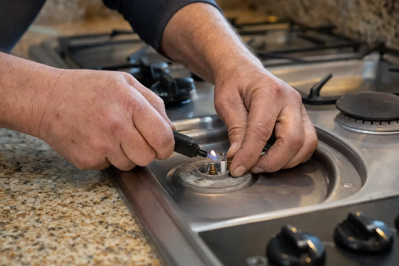 Technician adjusting a gas cooktop burner up close