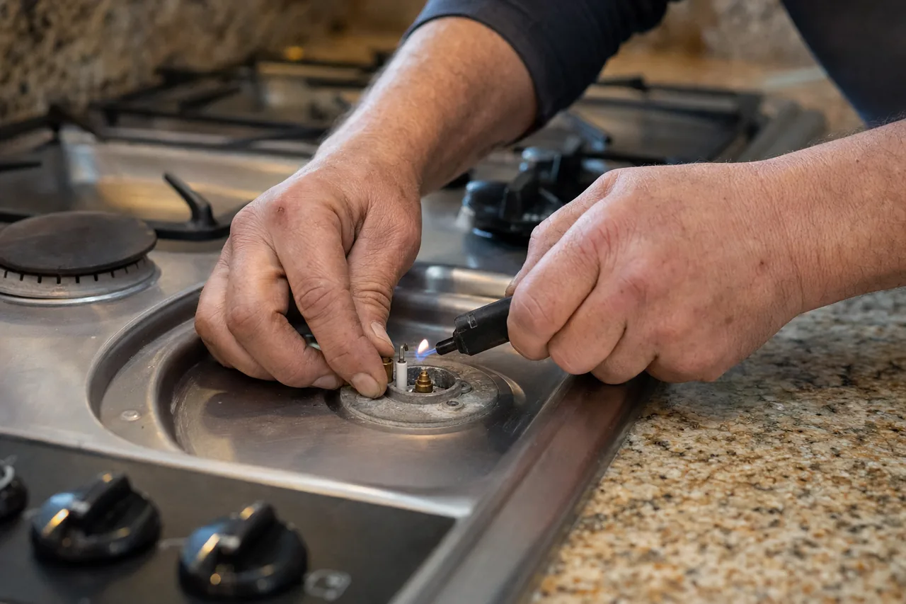 Technician adjusting a gas cooktop burner in a Larchmont kitchen