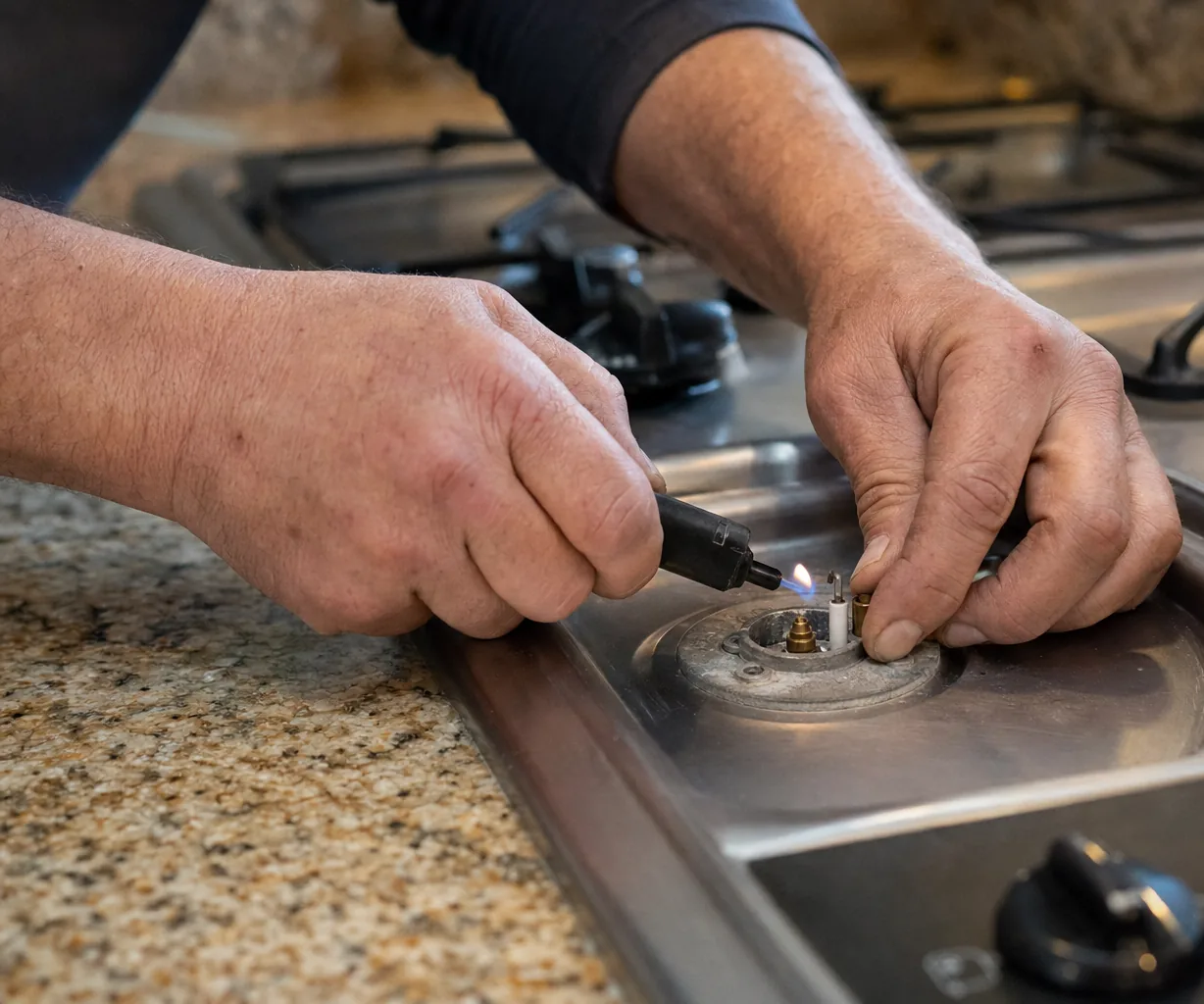 Technician adjusting a gas cooktop burner mid-repair