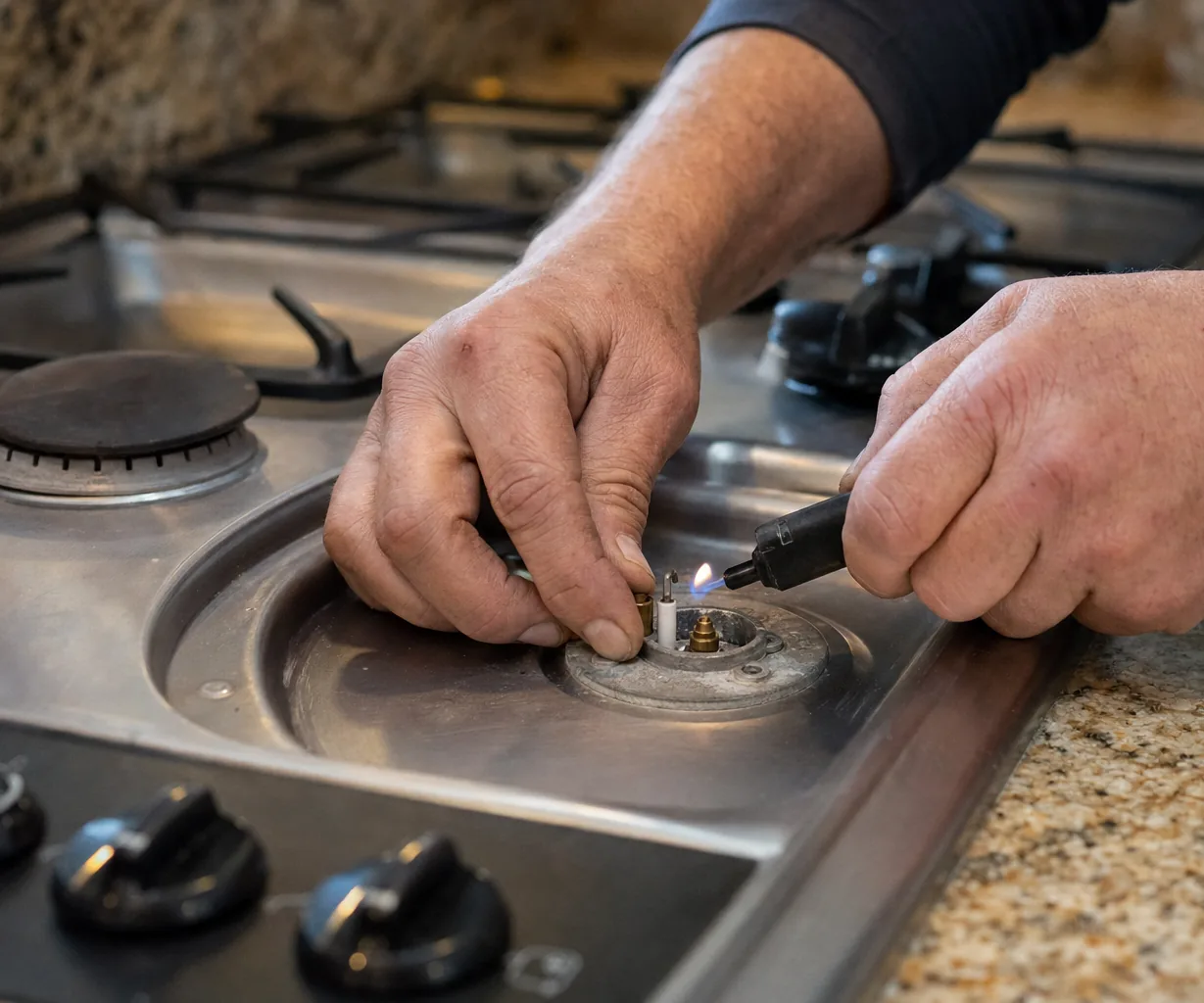 Technician adjusting a gas cooktop burner on a same-day visit