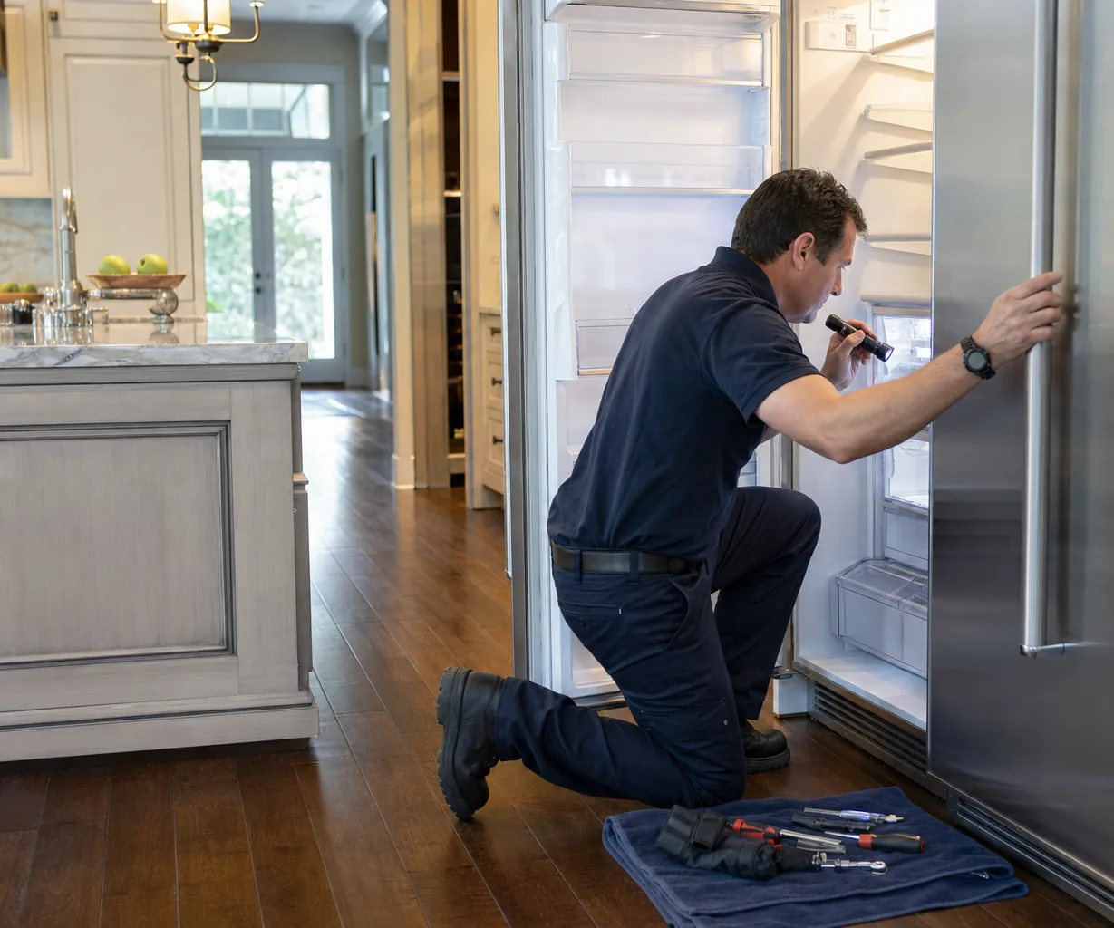Technician repairing a built-in refrigerator up close