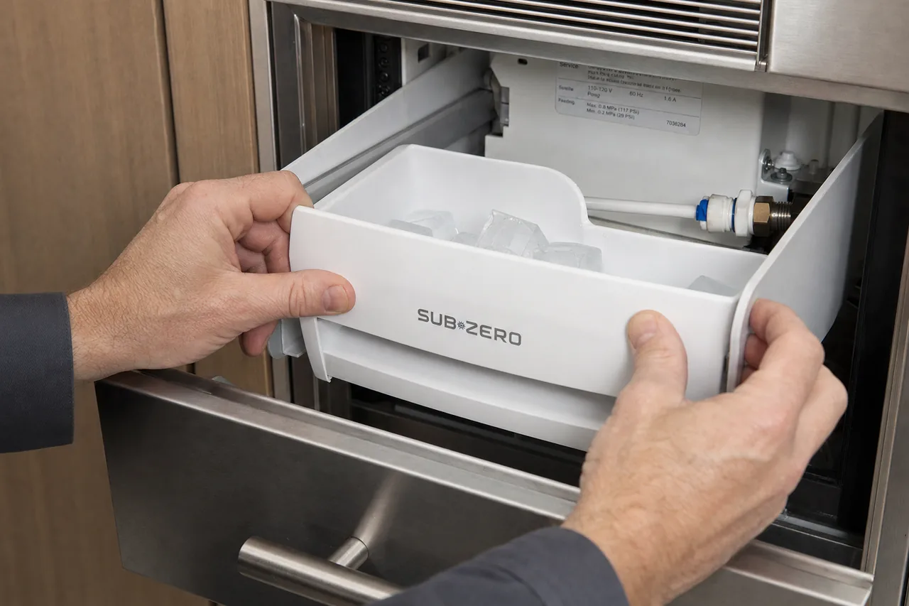 Technician servicing a built-in ice maker