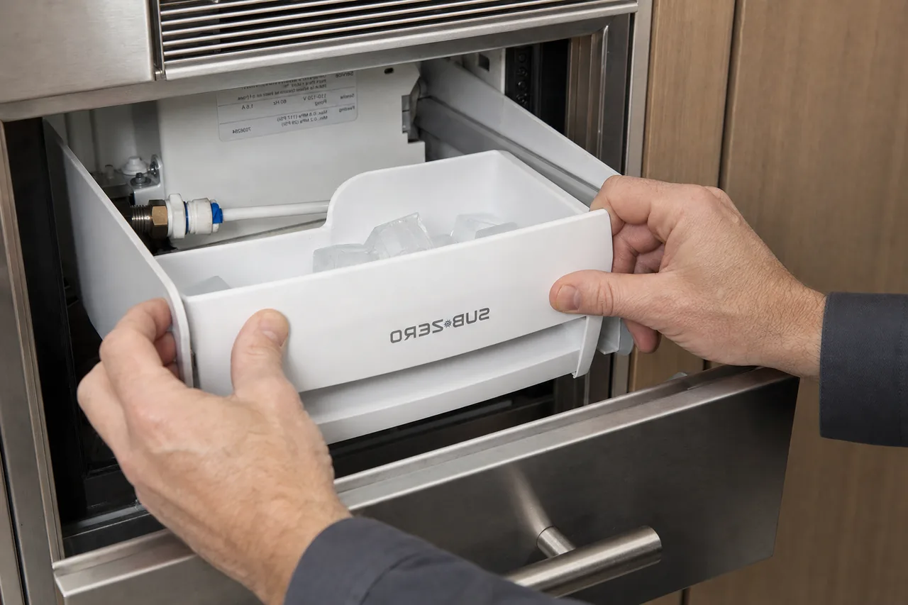 Technician servicing a built-in ice maker