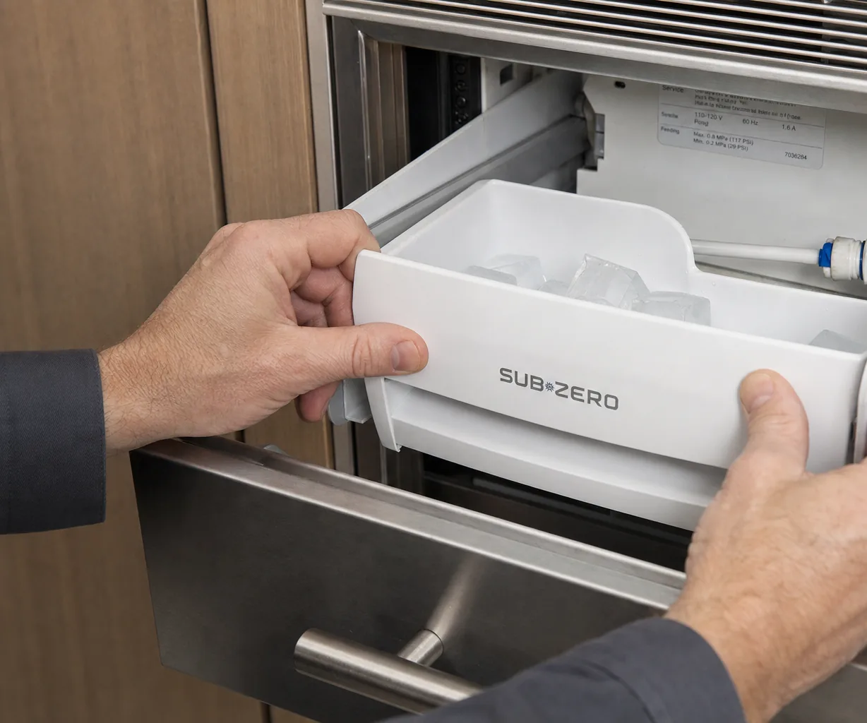Technician servicing a built-in ice maker in a Larchmont kitchen