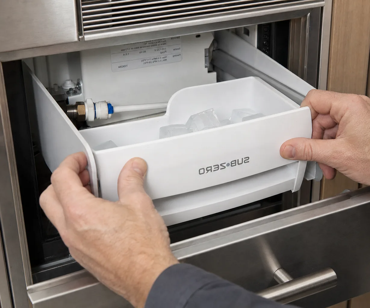 Technician servicing a built-in ice maker mid-repair
