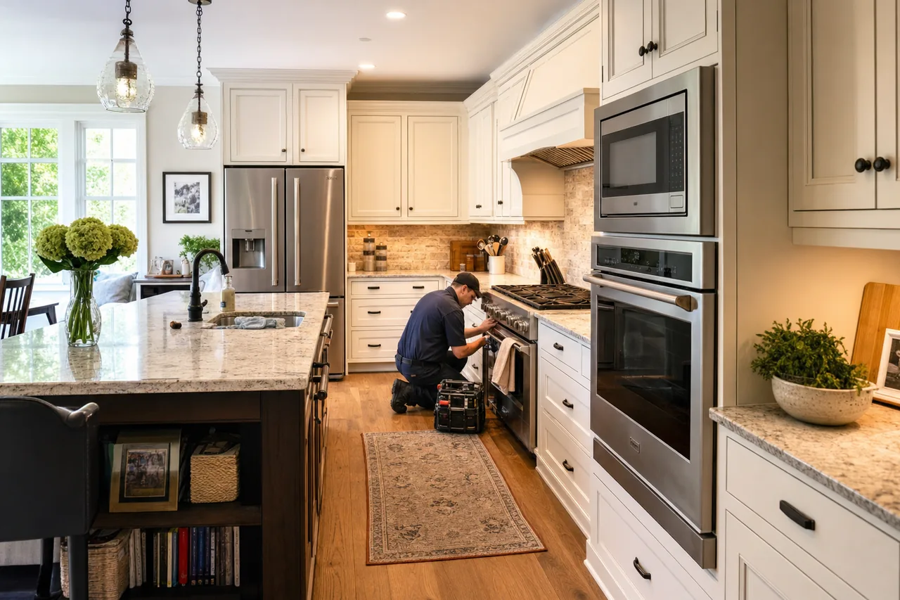 A luxury kitchen with built-in stainless appliances in a Larchmont kitchen