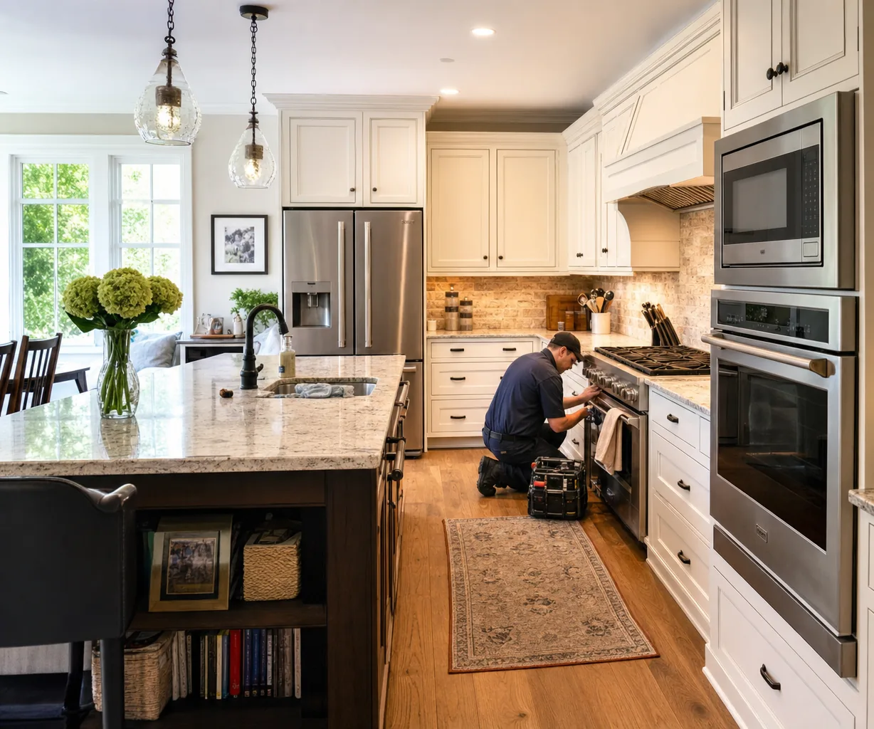 A luxury kitchen with built-in stainless appliances