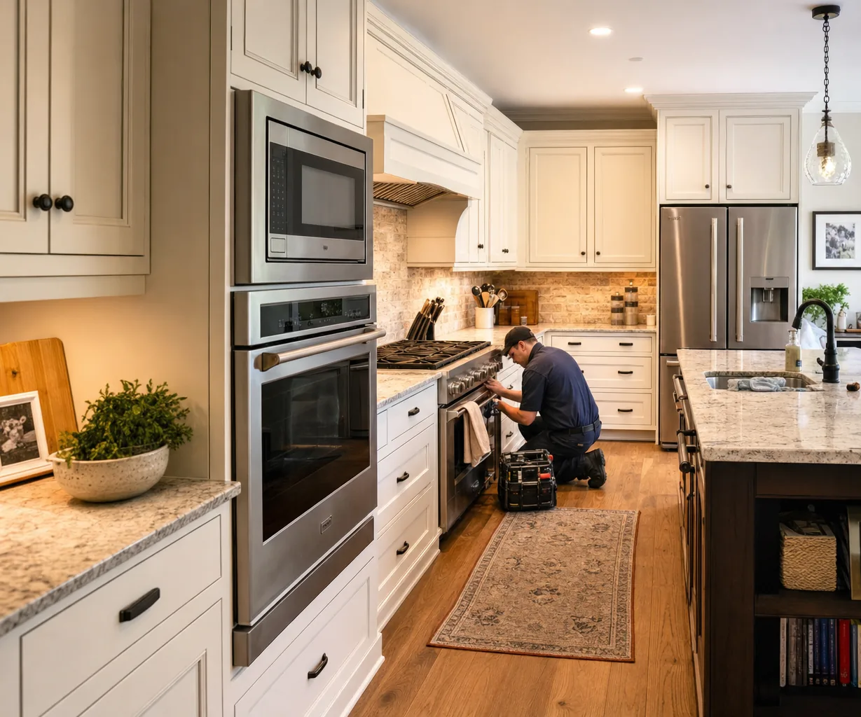 A luxury kitchen with built-in stainless appliances up close