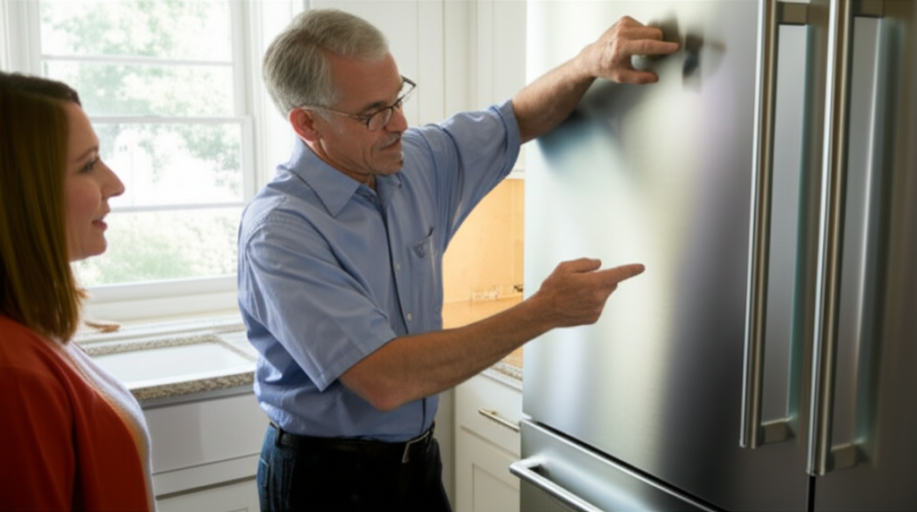 Technician consulting with homeowner about appliance repair