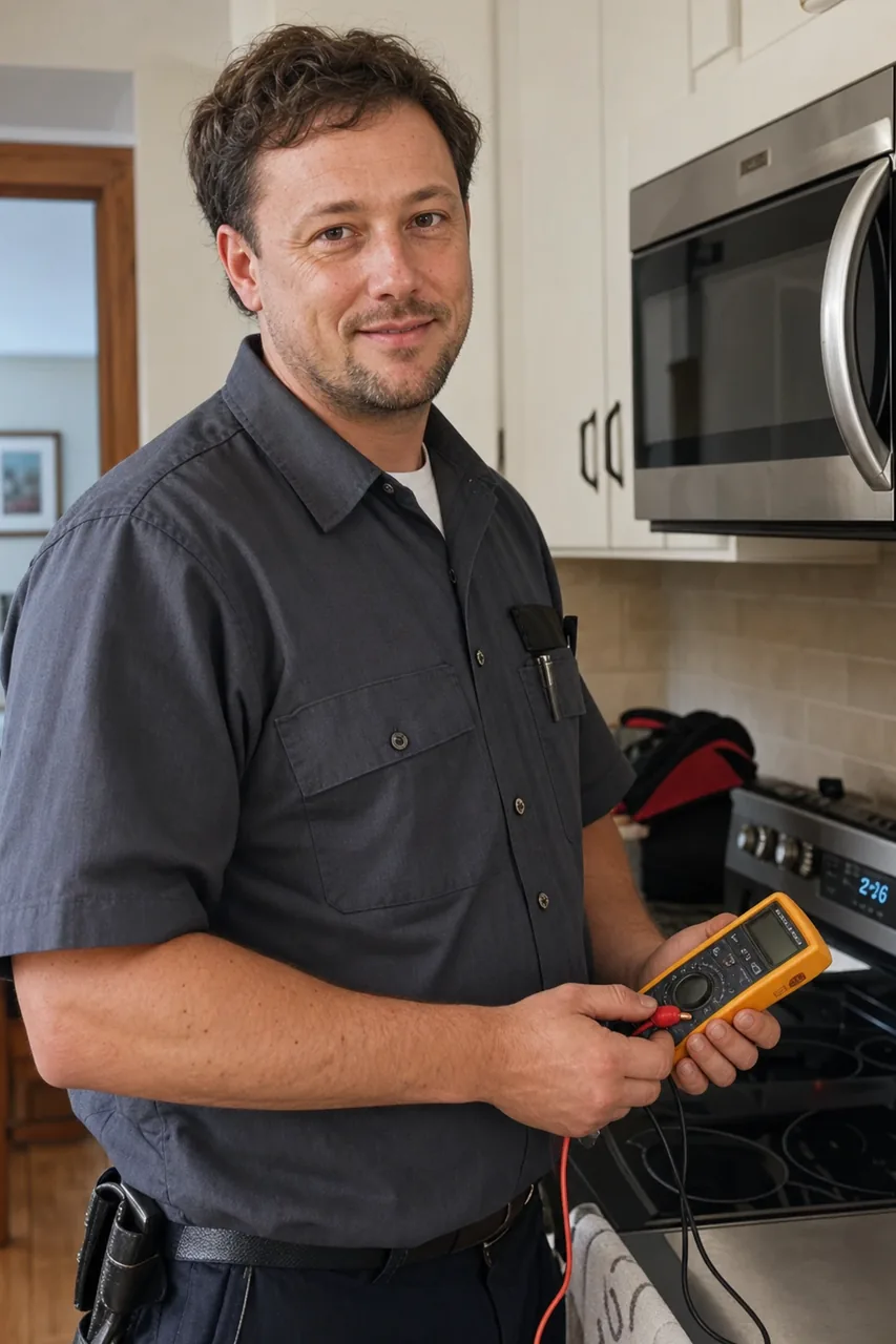 An appliance repair technician in a Larchmont kitchen holding a multimeter