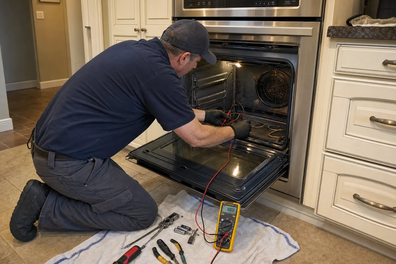 Technician servicing a built-in wall oven mid-repair