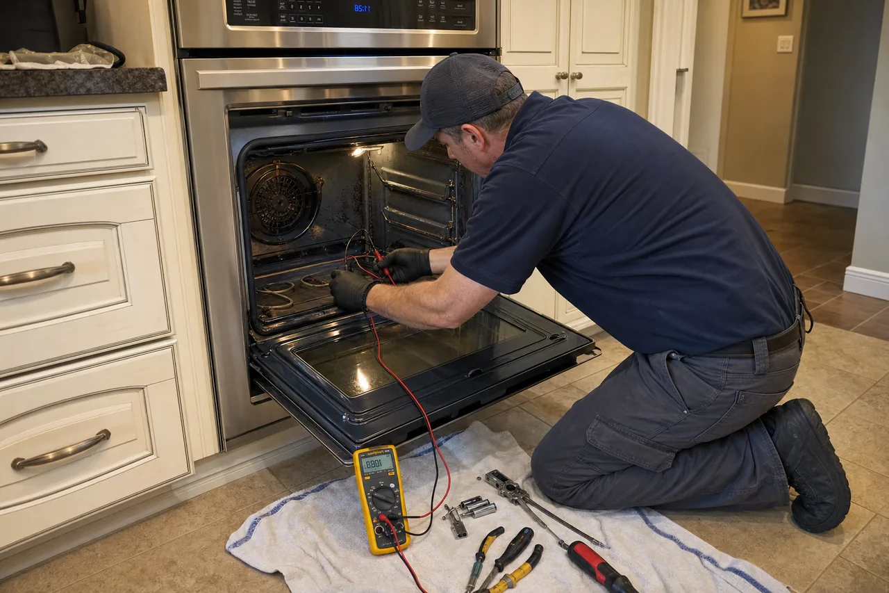 Technician servicing a built-in wall oven in a Larchmont kitchen