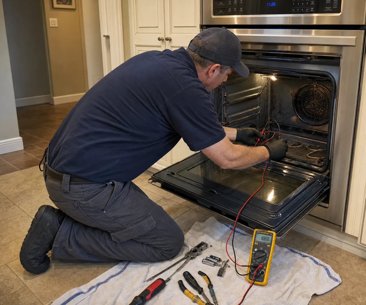 Technician servicing a built-in wall oven up close