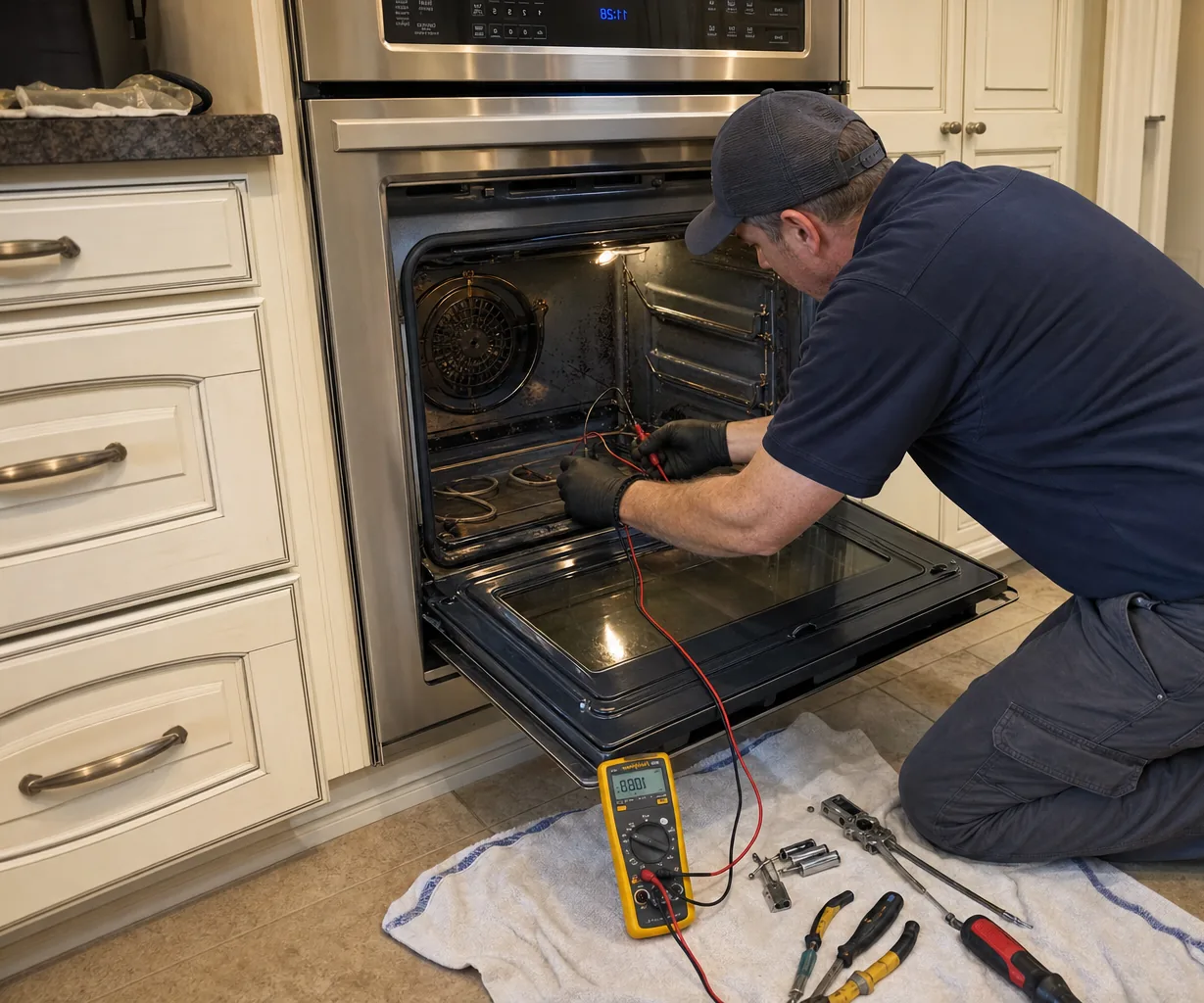 Technician servicing a built-in wall oven